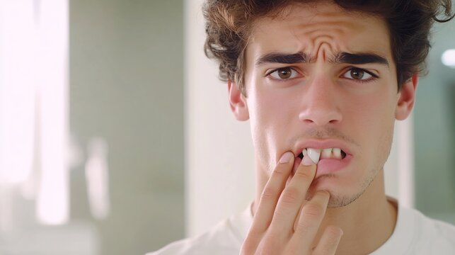 Young man experiencing gum pain touching his gum gently looking concerned