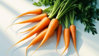 Fresh Organic Carrots Displayed on a White Surface with Bright Lighting