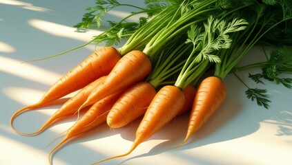 Freshly harvested carrots with vibrant green tops on a clean white surface
