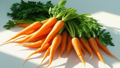 Freshly Harvested Carrots with Vibrant Green Tops on a Clean White Surface