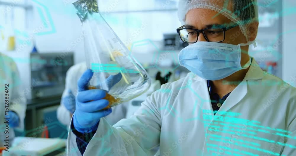 Poster lab scientist picking flask activating cyan overlay switching flasks comparing amber fluid clarity