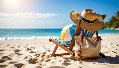 Beach Chair with Ball and Bag on Sunny Seaside Day for Vacation and Summer Concept