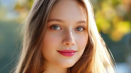 A beautiful young woman with long hair, big eyes, and a round face wears pink lipstick, she smiled shyly - Powered by Adobe