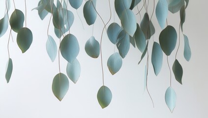 Eucalyptus Leaves Hanging Elegantly Against a Clean White Background Create Serenity