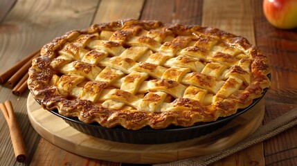 Delicious Apple Pie on Wooden Table with Cinnamon Sticks