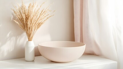 Light beige bowl and dried wheat stalks in a white vase on a white surface.