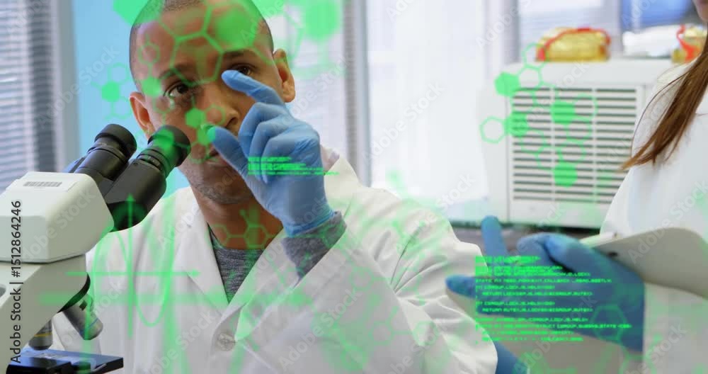Aufkleber male scientist adjusting microscope focus in tech lab causing molecular overlay, peer noting data