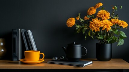 A still life arrangement of orange flowers, books, a mug, and a teapot on a wooden table against a dark backdrop