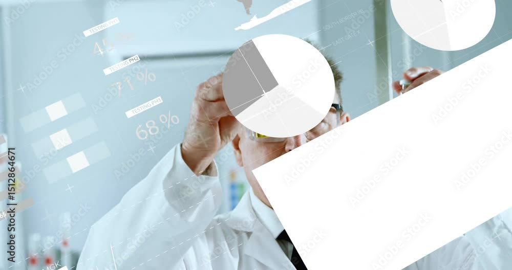 Poster scientist comparing yellow and clear tubes as animated data charts rising around tubes in lab