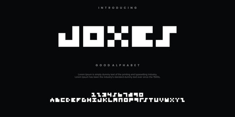 JOXES futuristic minimalist display font design, alphabet, typeface, letters and numbers, typography.