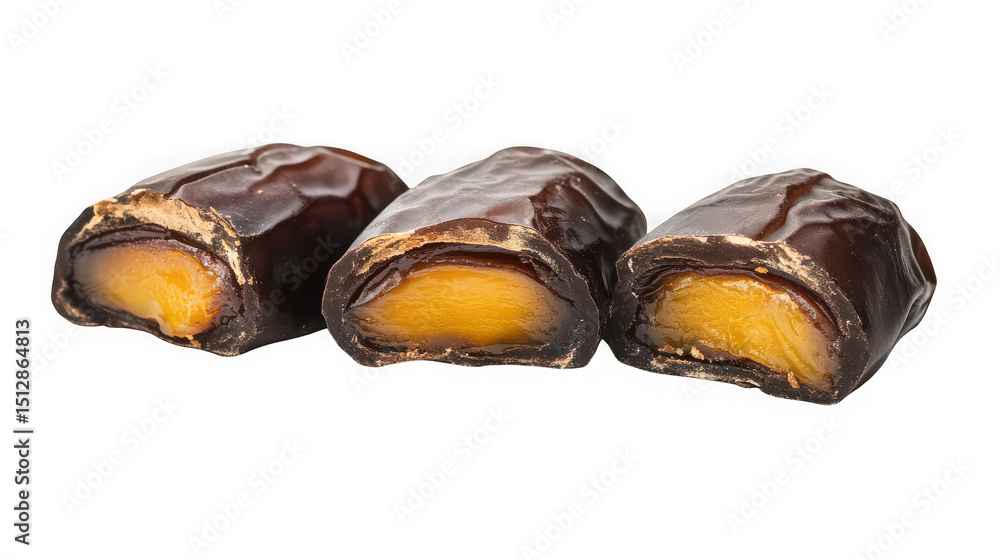 Poster three chocolate covered dates cut in half isolated on transparent background