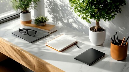 A well-lit workspace with notebooks, plants, and eyeglasses on a marble countertop