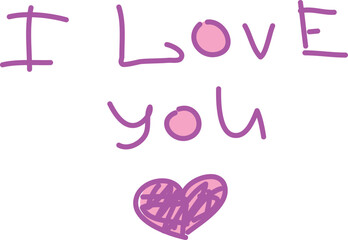 I love you text written in thick purple brush and hand drawn heart with pink painted details. Doodle sketch.