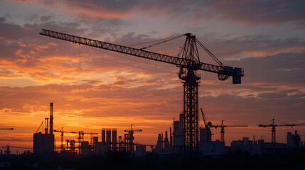 Fototapeta premium Abstract Industrial background with construction crane silhouette over amazing sunset sky. Tower crane against the evening sky. Industrial skyline. Selective focus