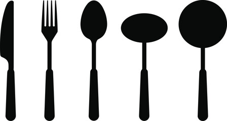Vector clip art set of black kitchen utensil silhouettes, including knife, fork, and spoons, isolated on transparent background. Ideal for menus, apps, or restaurant branding.