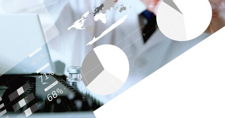 Senior scientist picking up yellow vials for lab analysis and monitoring animated data graphics - Powered by Adobe