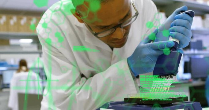 Scientist picking pipette and dispensing samples into plate, green overlay tracking lab assay data - Powered by Adobe