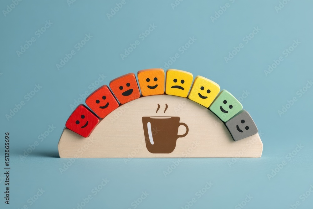 Poster Mood Scale Indicating Varying Emotions With a Coffee Icon Displayed Prominently on a Light Blue Background in a Calming Atmosphere