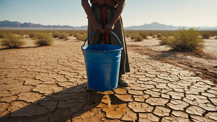 Person carries water in a blue bucket in a cracked desert landscape.