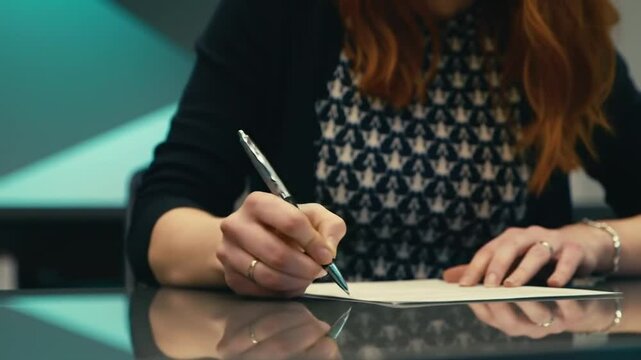 Close Up of Woman Signing Document on Reflective Black Table with Auburn Hair Wearing Black and White Patterned Blouse in Office Setting