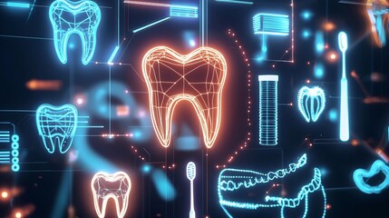 Abstract glowing dental symbols including tooth icons toothpaste tubes dental floss orthodontic braces forming a modern high tech cyber dental network interface