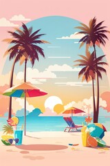 Obraz premium Summer Vacation Beach Illustration — Flat Vector with Palm Trees, Coconut Drink, and Sunset
