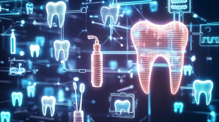 Abstract glowing dental symbols including tooth icons toothpaste tubes dental floss orthodontic braces forming a modern high tech cyber dental network interface