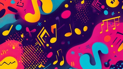 Vibrant musical notes and shapes create a dynamic abstract design.