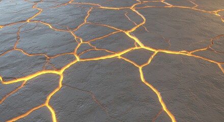 Abstract view of a cracked earth surface with molten golden light emitting from fissures.
