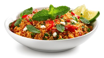Delicious mediterranean couscous salad with fresh tomatoes and mint in a white bowl