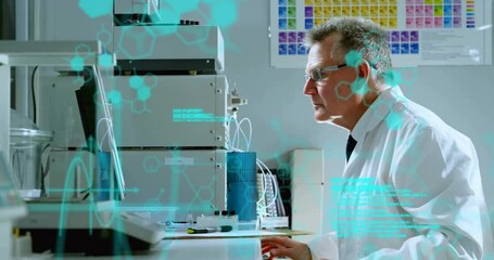 Senior scientist adjusting HPLC tubing loading sample typing method tapping screen confirming run - Powered by Adobe