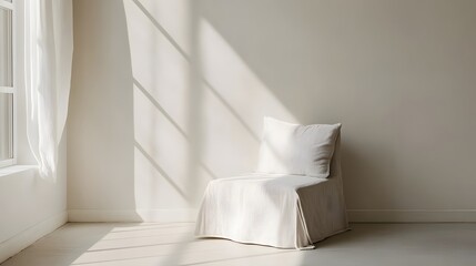Simple cream colored armchair in a sunlit room.