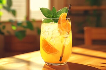 Refreshing Citrus Drink with Ice, Mint, and Orange Slices