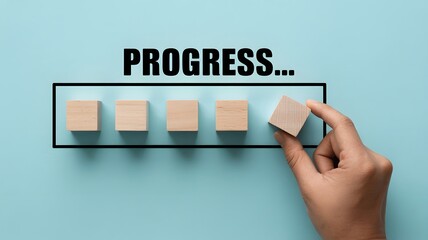 Hand Placing Wooden Block Showing Progress Loading Bar Concept Growth Development Success Improvement Achievement Motivation Effort