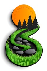 Scenic route with evergreen trees at sunset and stones at the stream