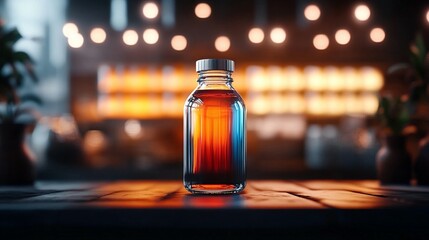 Clear glass bottle with colorful liquid, sitting on a wooden table in a dimly lit room with warm lights