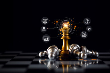 The golden Queen chess piece stands out in the center of the board against a pitch-black background, symbolizing leadership, strategy, It is suitable for business, success, and planning concepts.