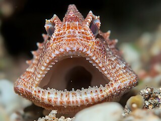 Venomous reef stonefish underwater, close-up portrait of gaping mouth