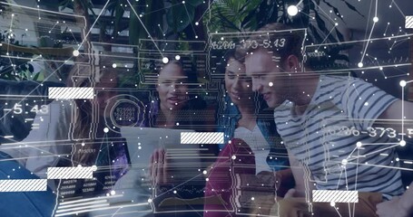 Colleagues tapping tablet screen and starting animated tech data overlay for collaborative analysis - Powered by Adobe