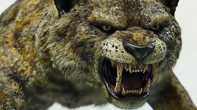 Saber-Toothed Cat Roaring Fiercely in Detailed Close-Up Studio Shot