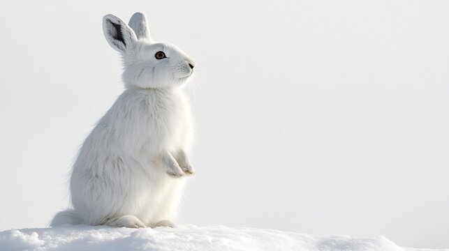 Delicate white Arctic hare standing on its hind legs dense winter fur blending into the scene isolated on a white background