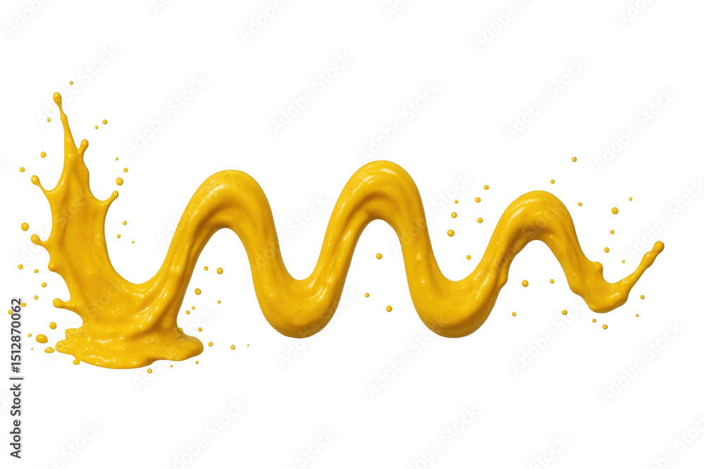 Poster vibrant yellow liquid creating dynamic wave pattern, droplets scattering against transparent backgro