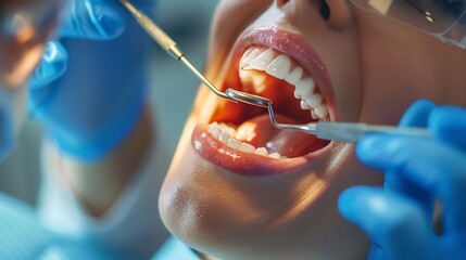 Dental hygienist carefully cleaning teeth with a scaler close up view sterile clinical background