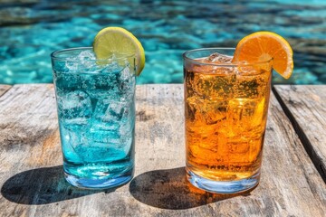 Refreshing Citrus Drinks by the Pool: Blue and Orange Beverages with Ice and Fruit