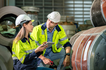 technician Factory mentor teaching apprenticeship trainee operating machine looking monitors and...