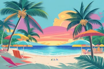Fototapeta premium Summer Vacation Beach Illustration — Flat Vector with Palm Trees, Coconut Drink, and Sunset