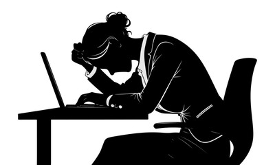 Stressed businesswoman silhouette vector at a desk with a laptop.