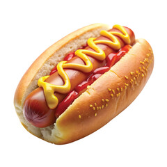 Hot Dog with Mustard and Ketchup: A classic hot dog with ketchup and mustard topping in a soft bun, sharp PNG