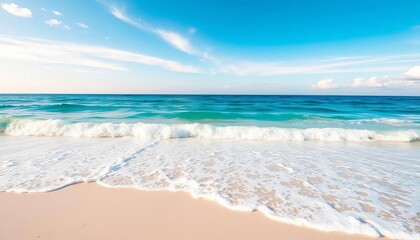 Fototapeta premium Vibrant watercolor wash of ocean, sand, and sky, perfect for summer designs, illustration, calm