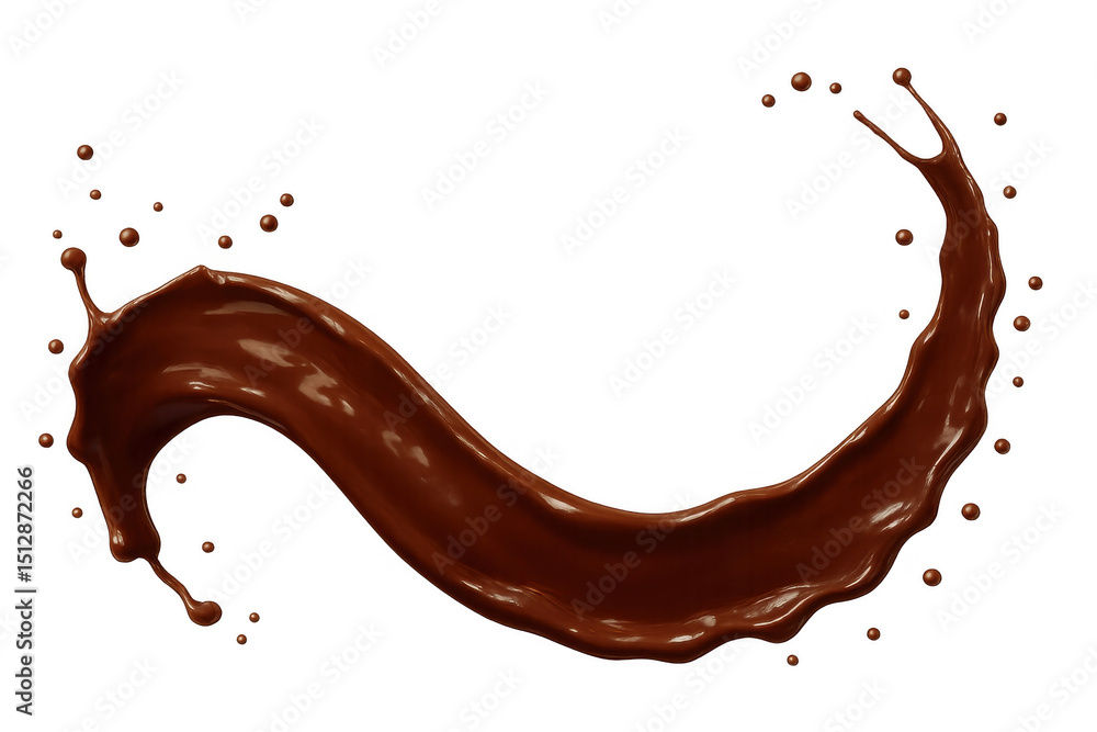 Poster smooth chocolate cascading, forming dynamic wave splash against transparent backdrop, delivering ric